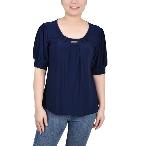 NY Collection Women's Petite Short Sleeve Balloon Sleeve Top With Hardware