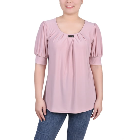 NY Collection Women's Petite Short Sleeve Balloon Sleeve Top with Hardware