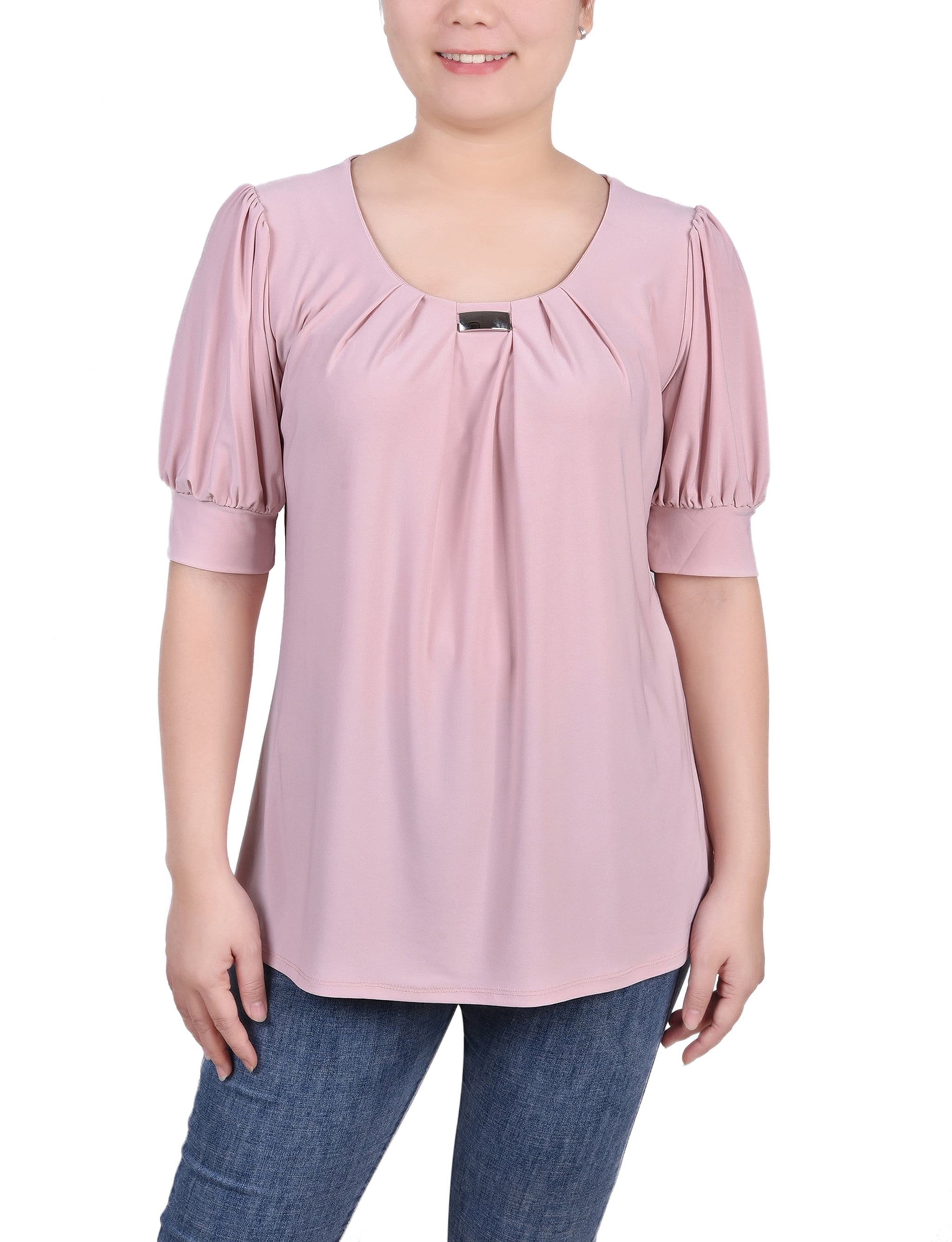 NY Collection Women's Petite Short Sleeve Balloon Sleeve Top with Hardware