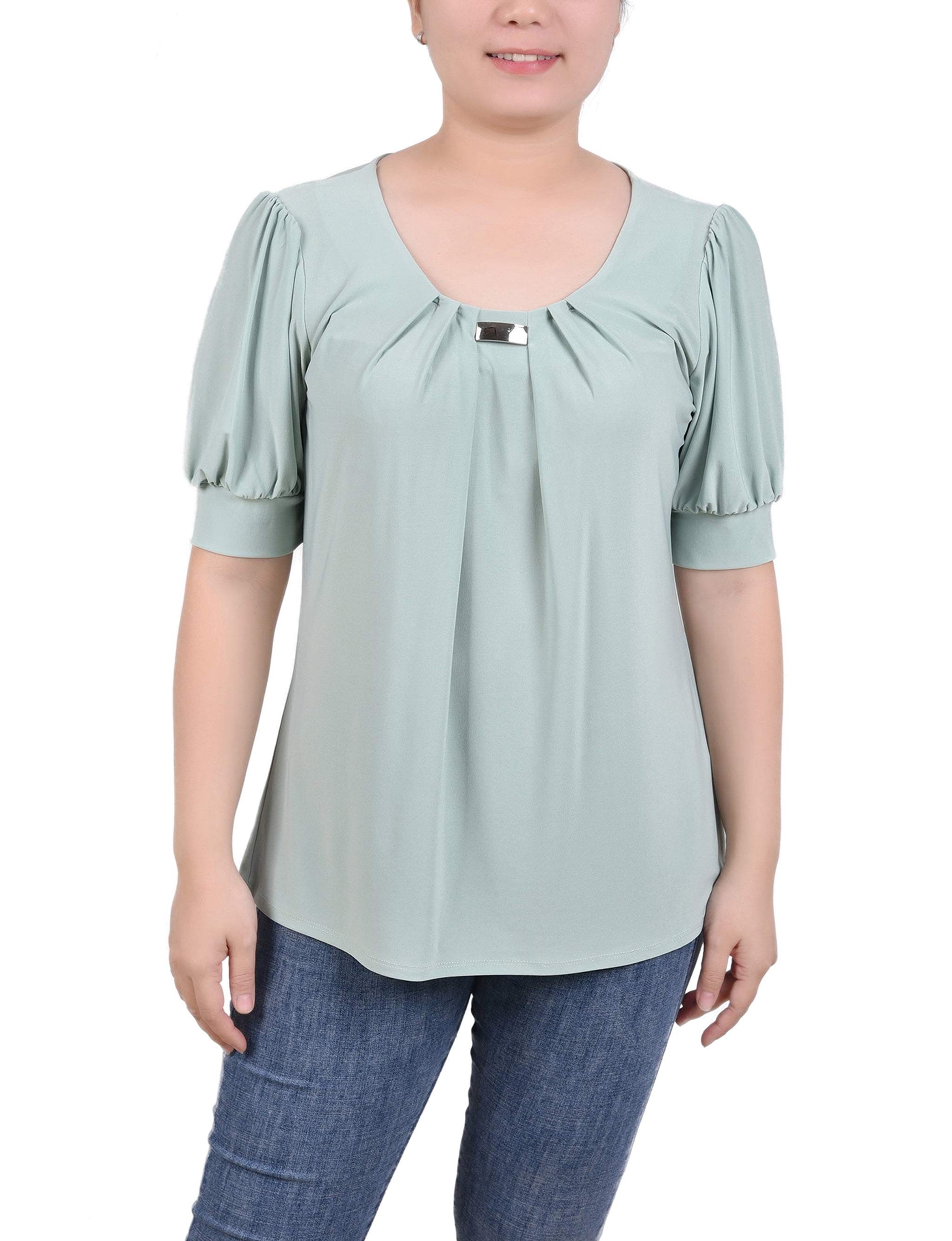 NY Collection Women's Petite Short Sleeve Balloon Sleeve Top with Hardware
