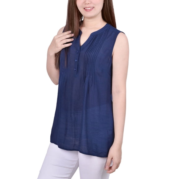 NY Collection Women's Petite Sleeveless Pintucked Blouse Top