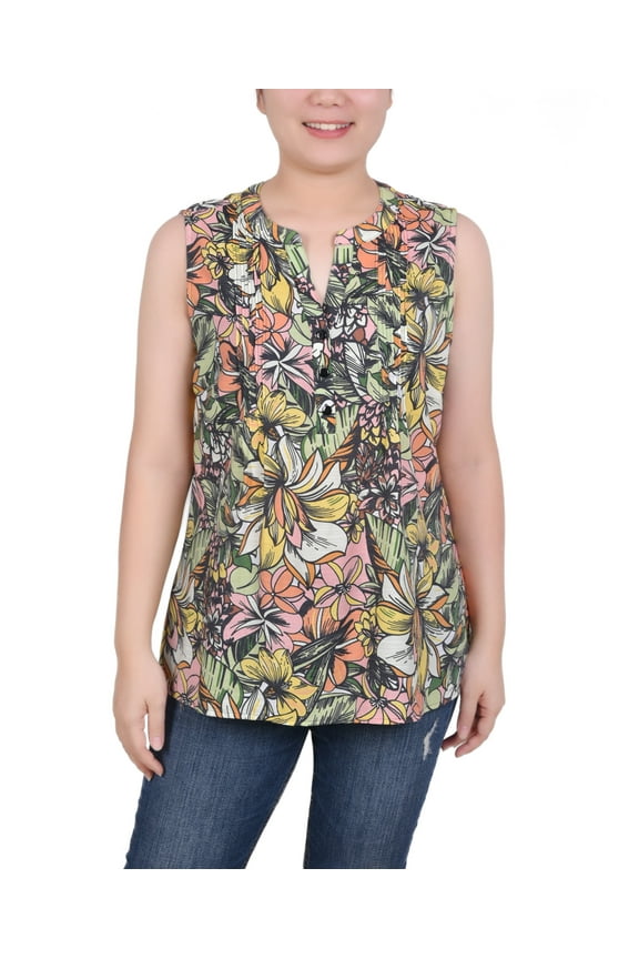 Women's Pleated Ink Pad Print Sleeveless Top Large Green/white