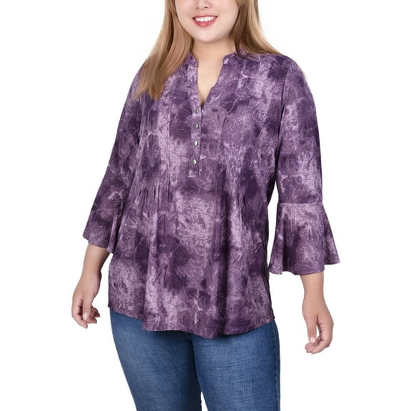 NY Collection Women's Plus Size 3/4 Bell Sleeve Pleat Front Y Neck Top