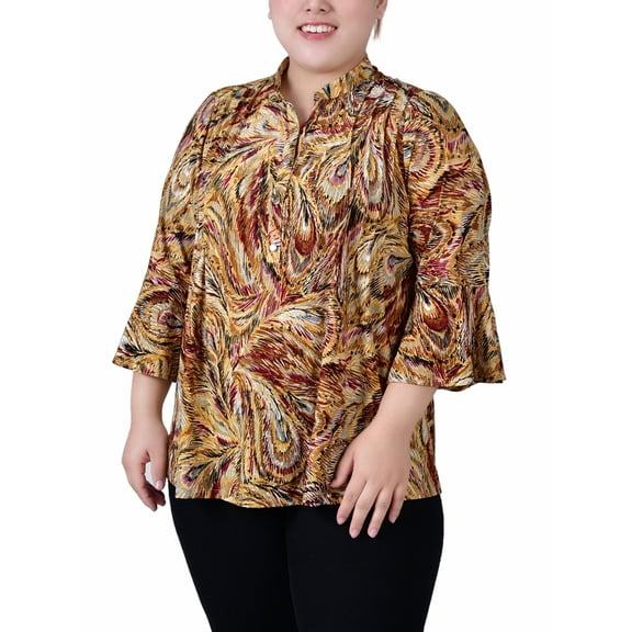 NY Collection Women's Plus Size 3/4 Bell Sleeve Pleat Front Y Neck Top