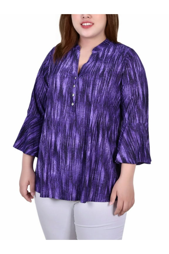 Women's Plus Size 3/4 Bell Sleeve Pleat Front Y Neck Top