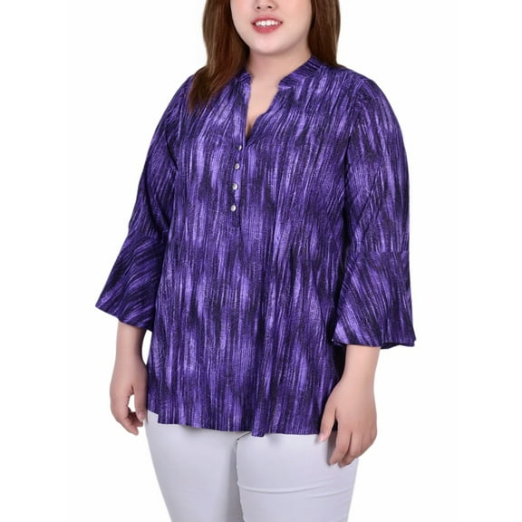 NY Collection Women's Plus Size 3/4 Bell Sleeve Pleat Front Y Neck Top