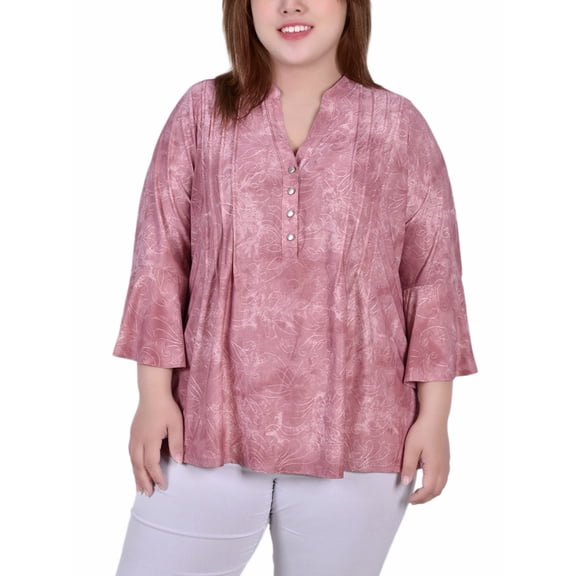 NY Collection Women's Plus Size 3/4 Bell Sleeve Pleat Front Y Neck Top