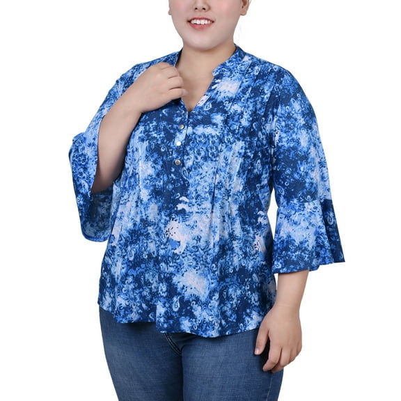 NY Collection Women's Plus Size 3/4 Bell Sleeve Pleat Front Y Neck Top