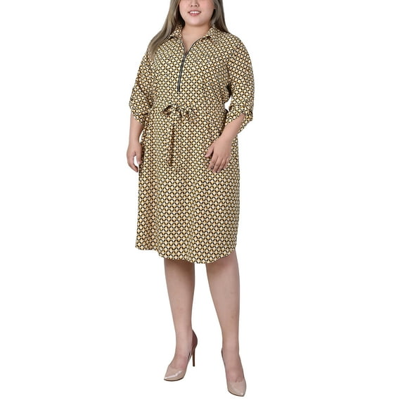 NY Collection Women's Plus Size 3/4 Roll Tab Sleeve Zippered Shirtdress