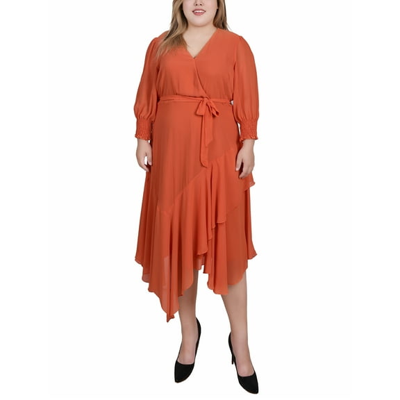 NY Collection Women's Plus Size 3/4 Sleeve Belted Chiffon Hankerchief Hem Dress