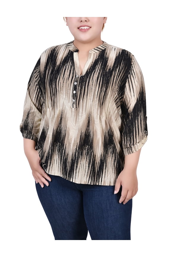 Women's Plus Size 3/4 Sleeve Roll Tab Y Neck Top