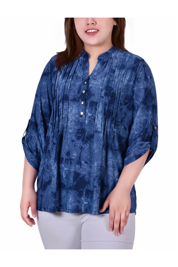 Women's Plus Size 3/4 Sleeve Roll Tab Y Neck Top