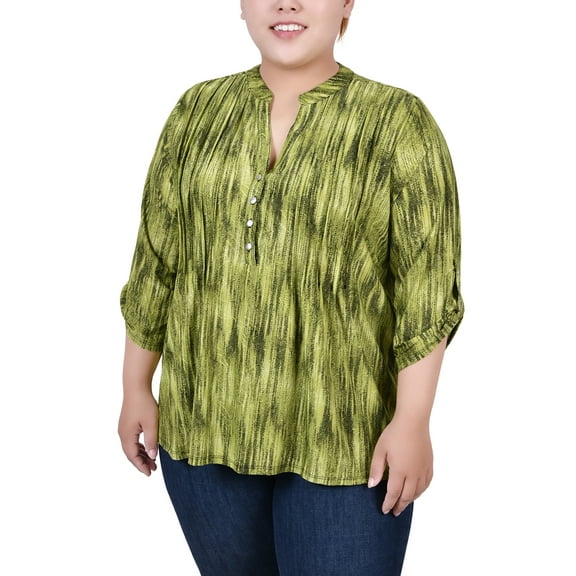 NY Collection Women's Plus Size 3/4 Sleeve Roll Tab Y Neck Top