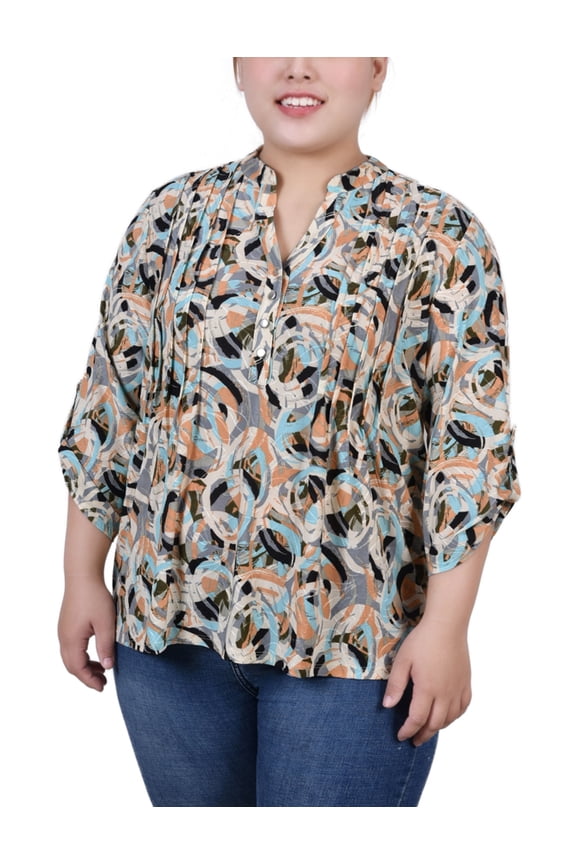 Women's Plus Size 3/4 Sleeve Roll Tab Y Neck Top