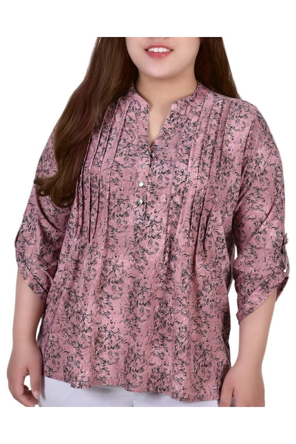 Women's Plus Size 3/4 Sleeve Roll Tab Y Neck Top