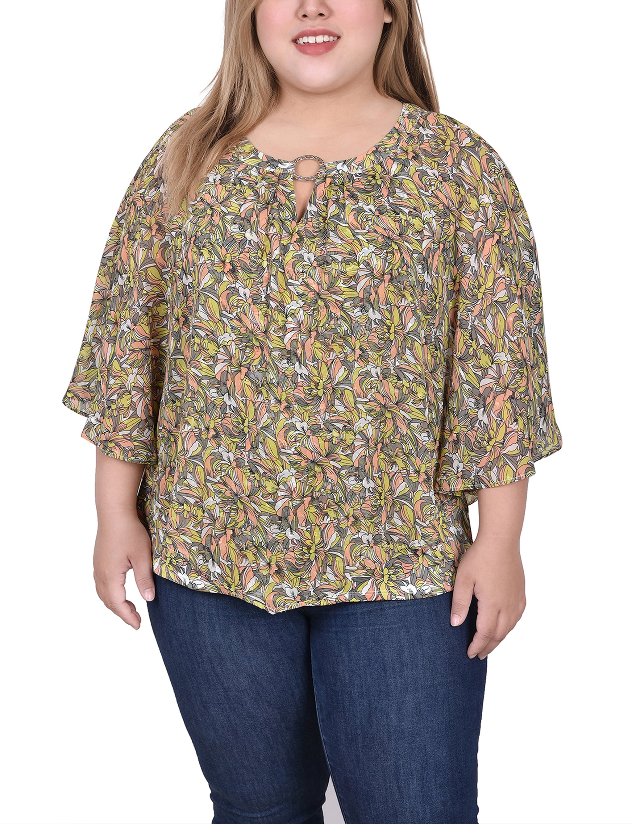 NY Collection Women s Plus Size Chiffon Poncho Top with Ring Walmart