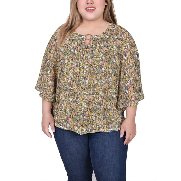 NY Collection Women's Plus Size Chiffon Poncho Top with Ring