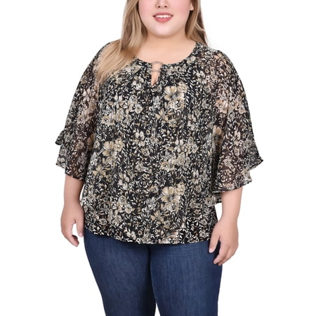 NY Collection Women's Plus Size Chiffon Poncho Top with Ring