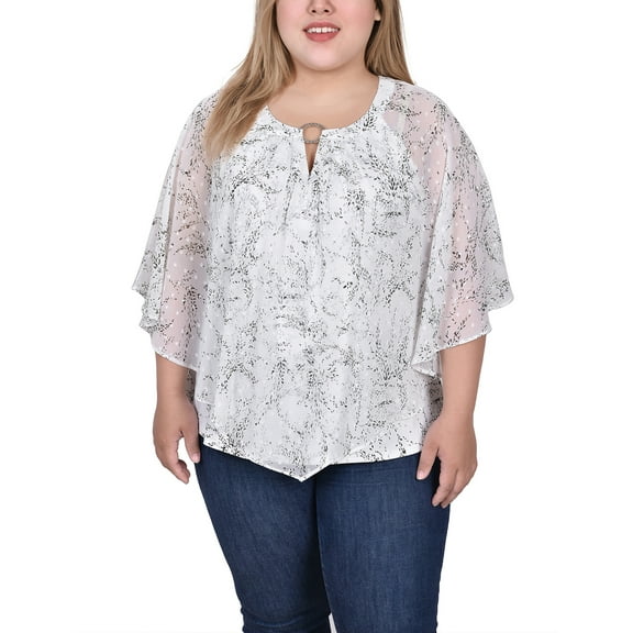 NY Collection Women's Plus Size Chiffon Poncho Top with Ring