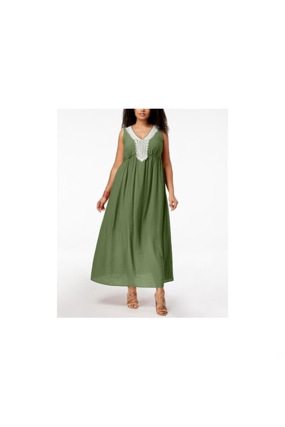 Plus Petite Plus Size Crochet Trim Crinkle Maxi Dress Chive 1X