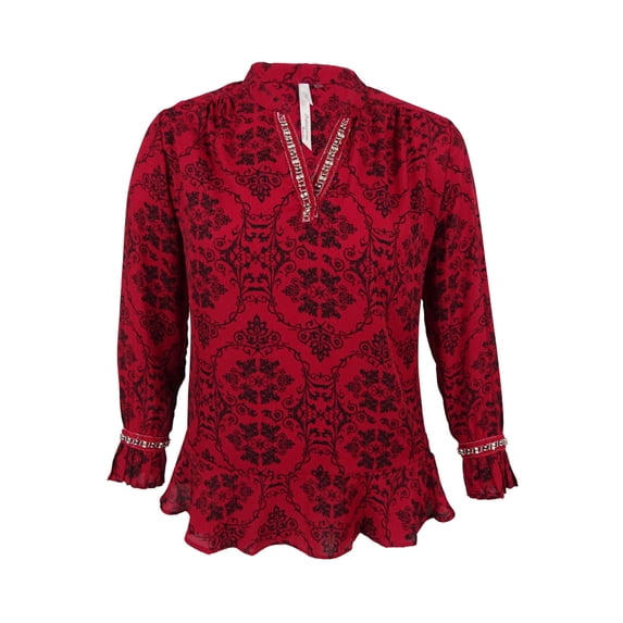 NY Collection Women's Plus Size Embellished Ruffled Blouse (Red Brocade, 1X)