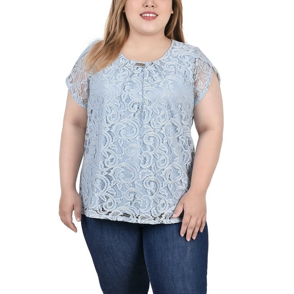 NY Collection Women's Plus Size Lace Petal Sleeve Top