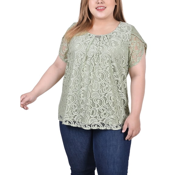 NY Collection Women's Plus Size Lace Petal Sleeve Top