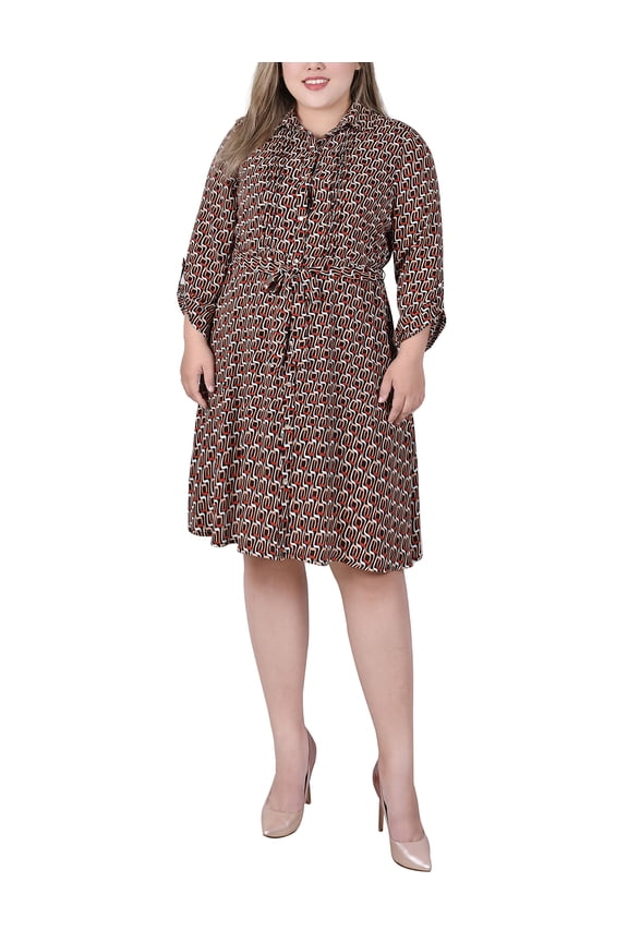 Women's Plus Size Long Roll Tab Sleeve Dobby Dress