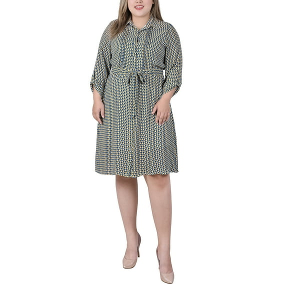 NY Collection Women's Plus Size Long Roll Tab Sleeve Dobby Dress