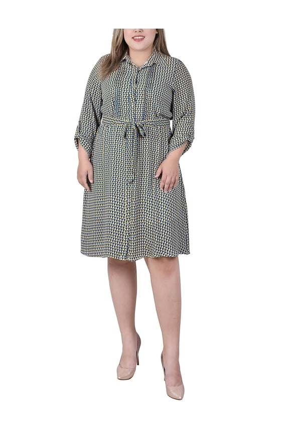 Women's Plus Size Long Roll Tab Sleeve Dobby Dress