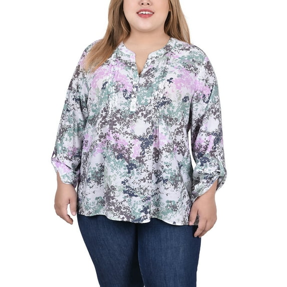 NY Collection Women's Plus Size Long Roll Tab Sleeve Pintuck Front Blouse