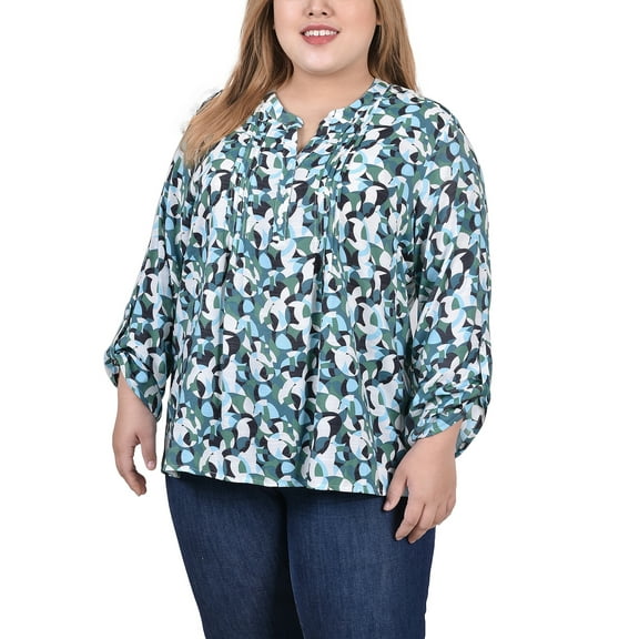 NY Collection Women's Plus Size Long Roll Tab Sleeve Pintuck Front Blouse
