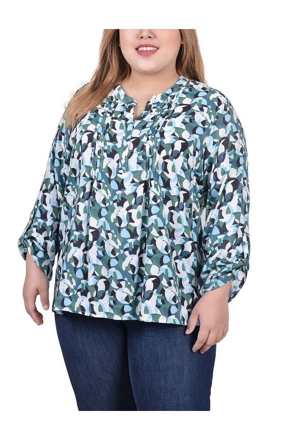 Women's Plus Size Long Roll Tab Sleeve Pintuck Front Blouse