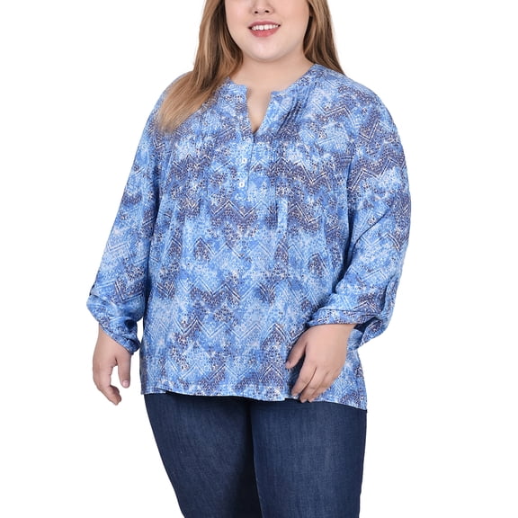 NY Collection Women's Plus Size Long Roll Tab Sleeve Pintuck Front Blouse
