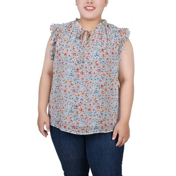 NY Collection Women's Plus Size Ruffled Sleeve Blouse with Tie Closure