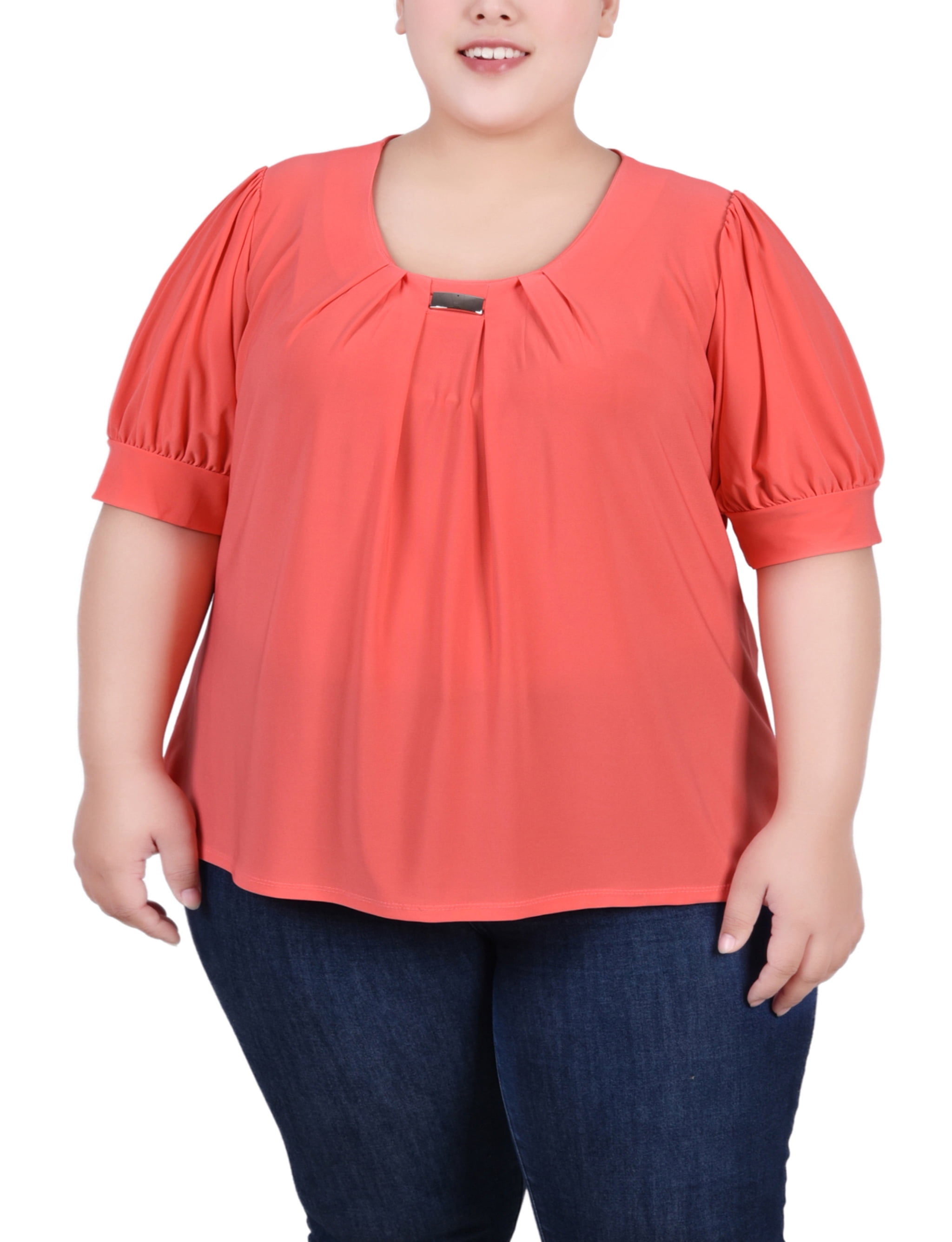 売れ筋商品|||ニューヨークコレクション カットソー トップス レディース Plus Size Short Sleeve Balloon Sleeve Top Navy Taupe Link NY Collection Women's Plus Size Short Sleeve Balloon Sleeve