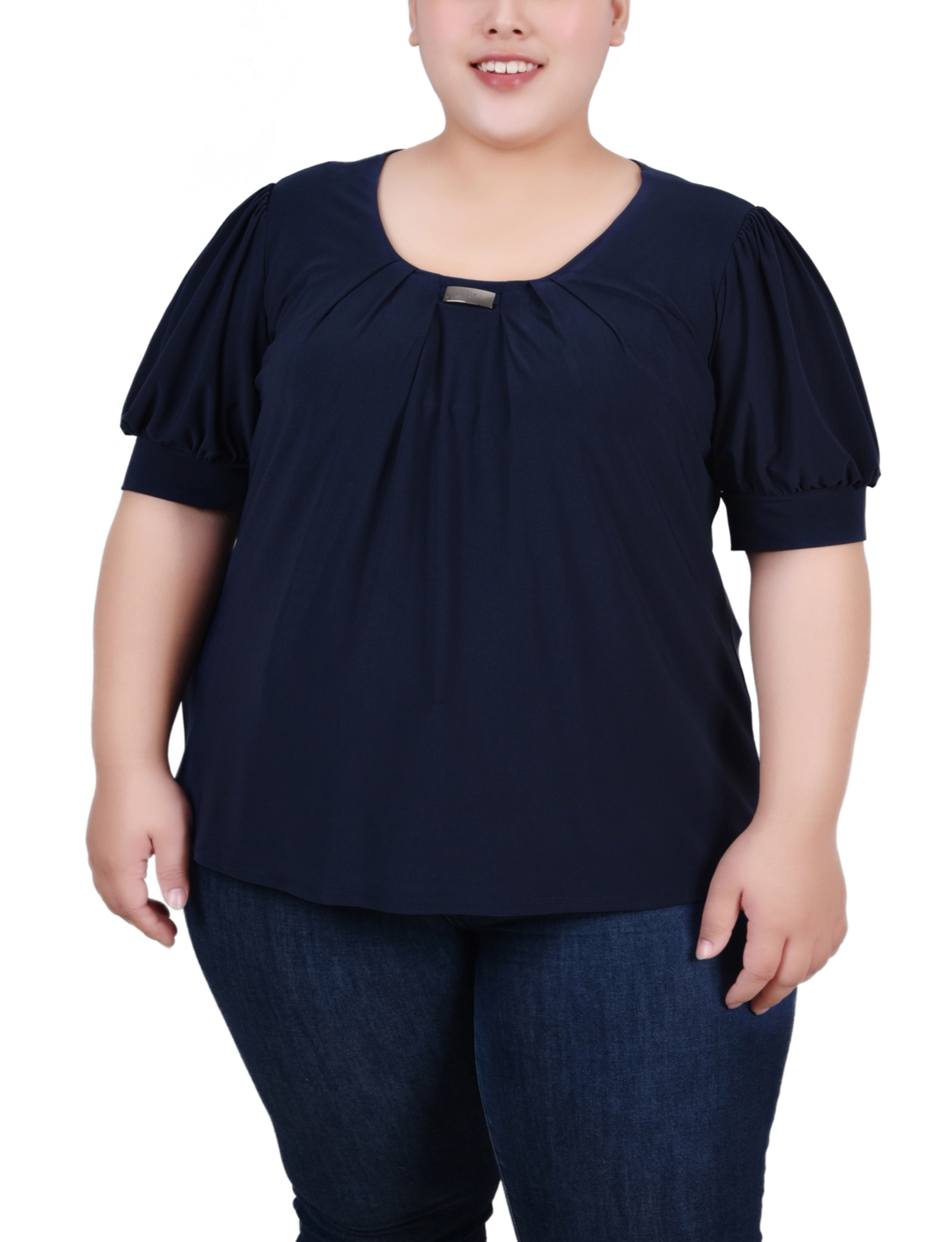 売れ筋商品|||ニューヨークコレクション カットソー トップス レディース Plus Size Short Sleeve Balloon Sleeve Top Navy Taupe Link NY Collection Women's Plus Size Short Sleeve Balloon Sleeve