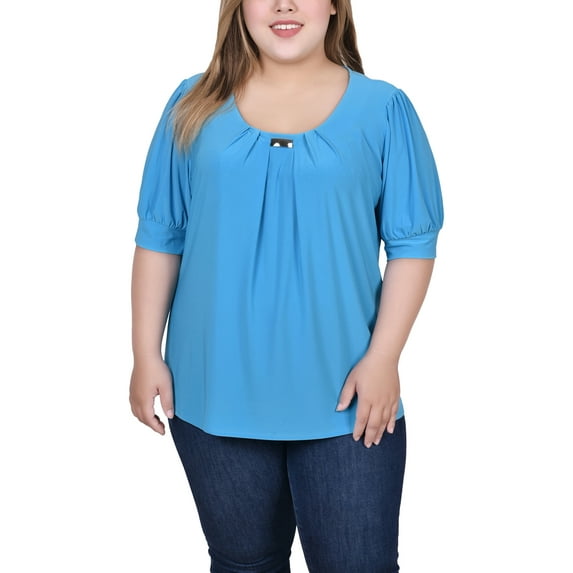 NY Collection Women's Plus Size Short Sleeve Balloon Sleeve Top with Hardware