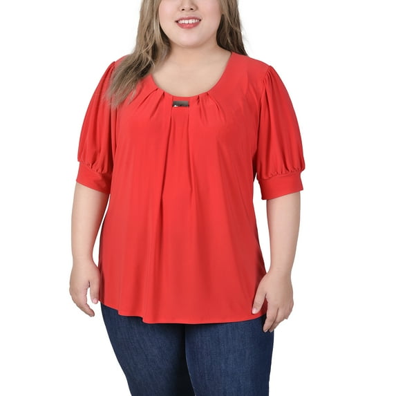 NY Collection Women's Plus Size Short Sleeve Balloon Sleeve Top with Hardware