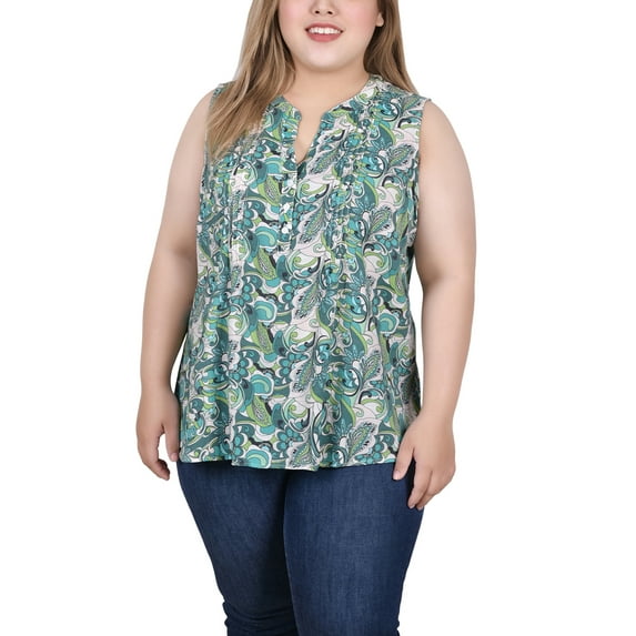 NY Collection Women's Plus Size Sleeveless Pintucked Blouse