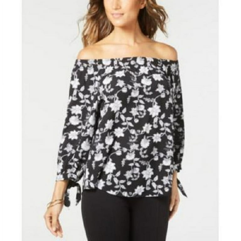 NY Collection Women s Printed Off the Shoulder Top Black Size Petite Medium