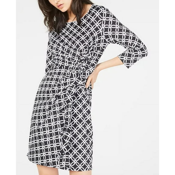 NY Collection Women's Printed Ruffled Sheath Dress Black Size Petite Large