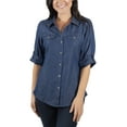 thumbnail image 1 of NY Collection Women's Roll Tab Denim Blouse with Rib Insets, 1 of 3