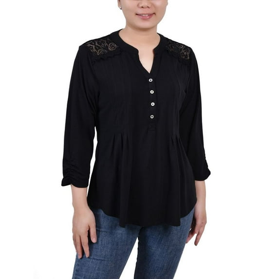 NY Collection Women's Rouched Sleeve Pintuck Top Black Size Petite Large