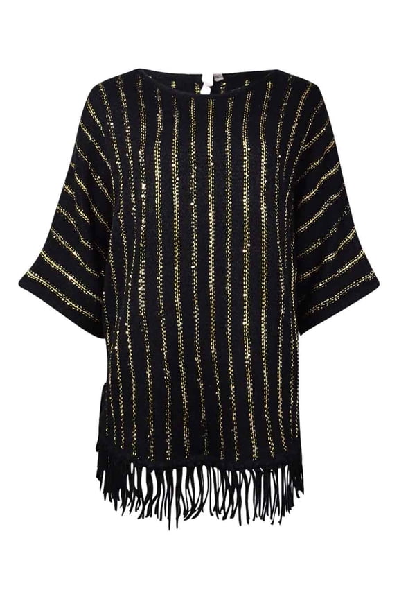 Women's Sequined Fringed Knit Dolman Sweater (M, Black)