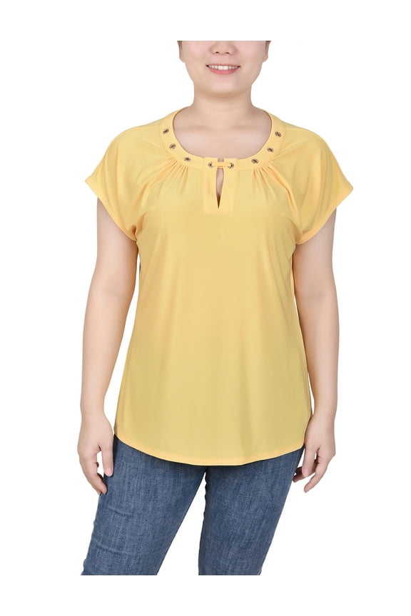 Women's Short Extended-Sleeve Grommet Neck Knit Top