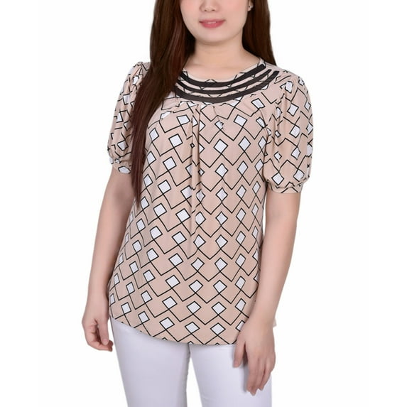 NY Collection Women's Short Puff Sleeve Mesh Inset Top Petite Size PS