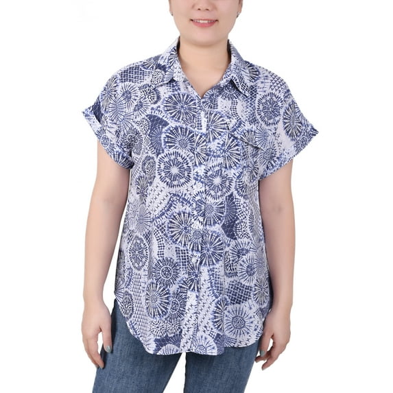 NY Collection Women's Short Rolled Sleeve Button Front Blouse