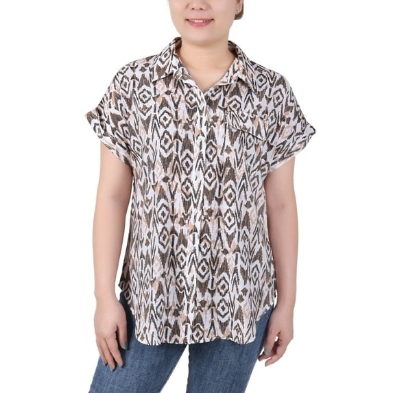 NY Collection Women's Short Rolled Sleeve Button Front Blouse