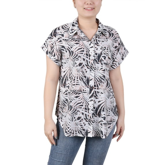 NY Collection Women's Short Rolled Sleeve Button Front Blouse